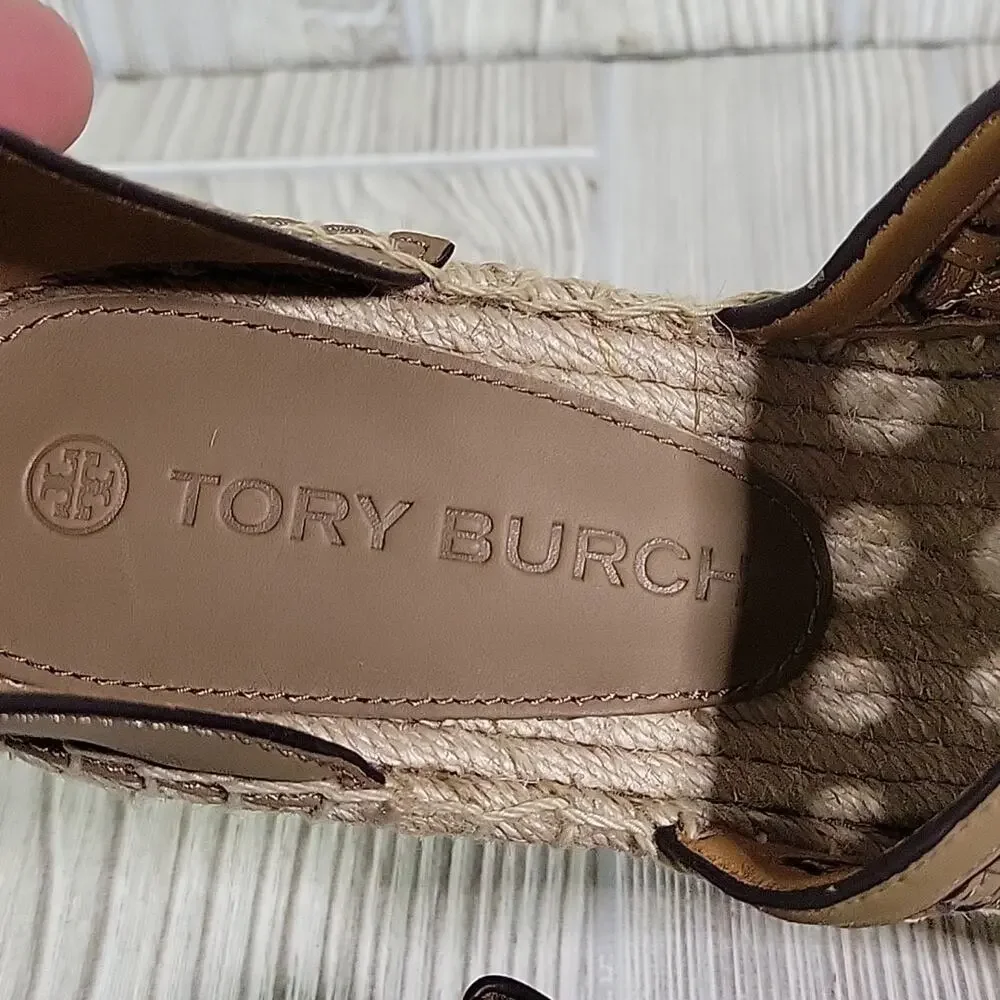 Tory Burch Basketweave Espadrille Wedge Leather Sandals Womens 10.5 NEW